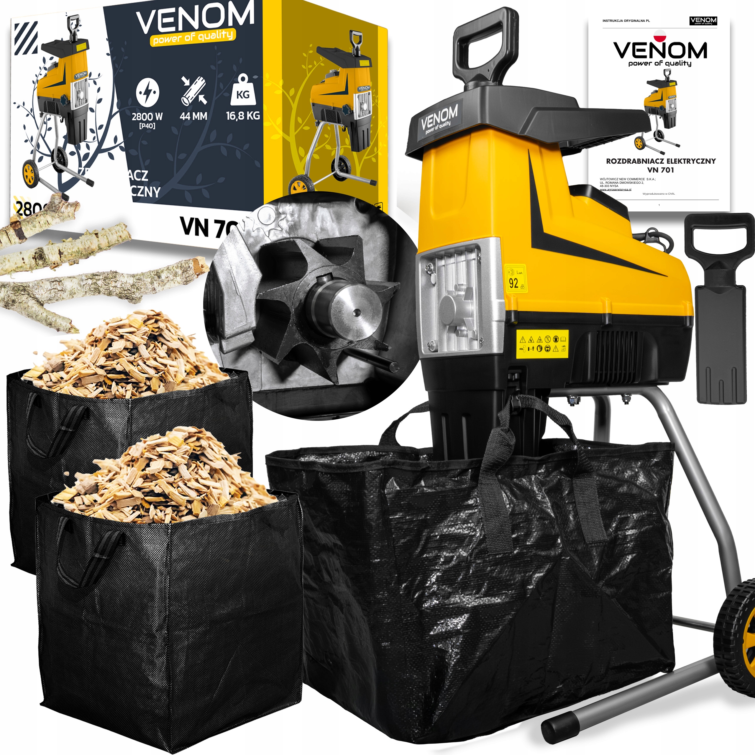 ELEKTRYCZNY ROZDRABNIACZ VENOM RĘBAK DO GAŁĘZI PRO MOCNY SILNIK 2X KOSZ 60L