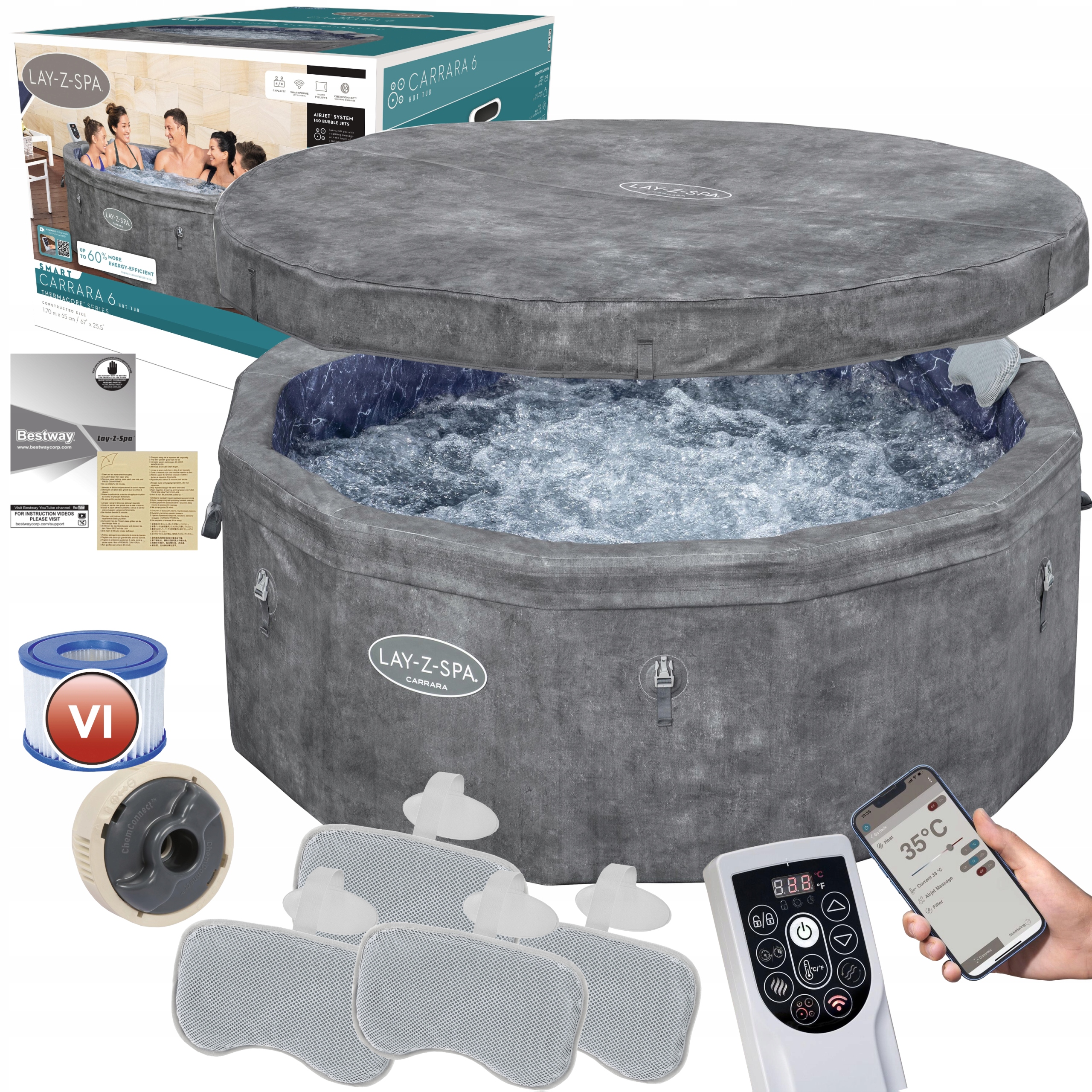 Ogrodowe Sztywne Lay-Z- Spa Hydromasaż Carrara Bestway 6001V 6 osób NEW2026